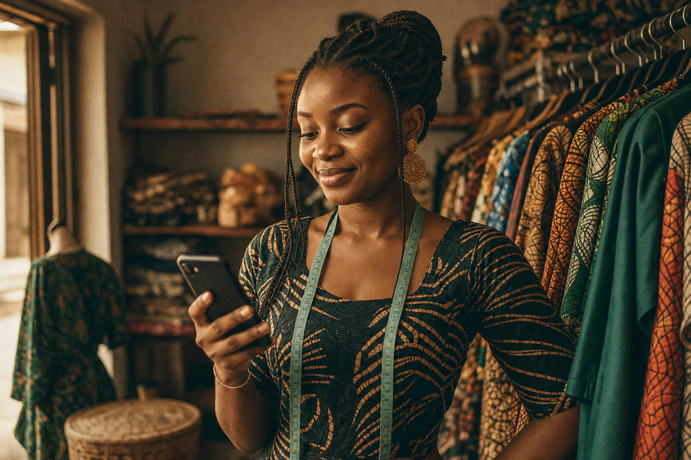 A boutique owner in Lagos checking her shop's social media on her phone