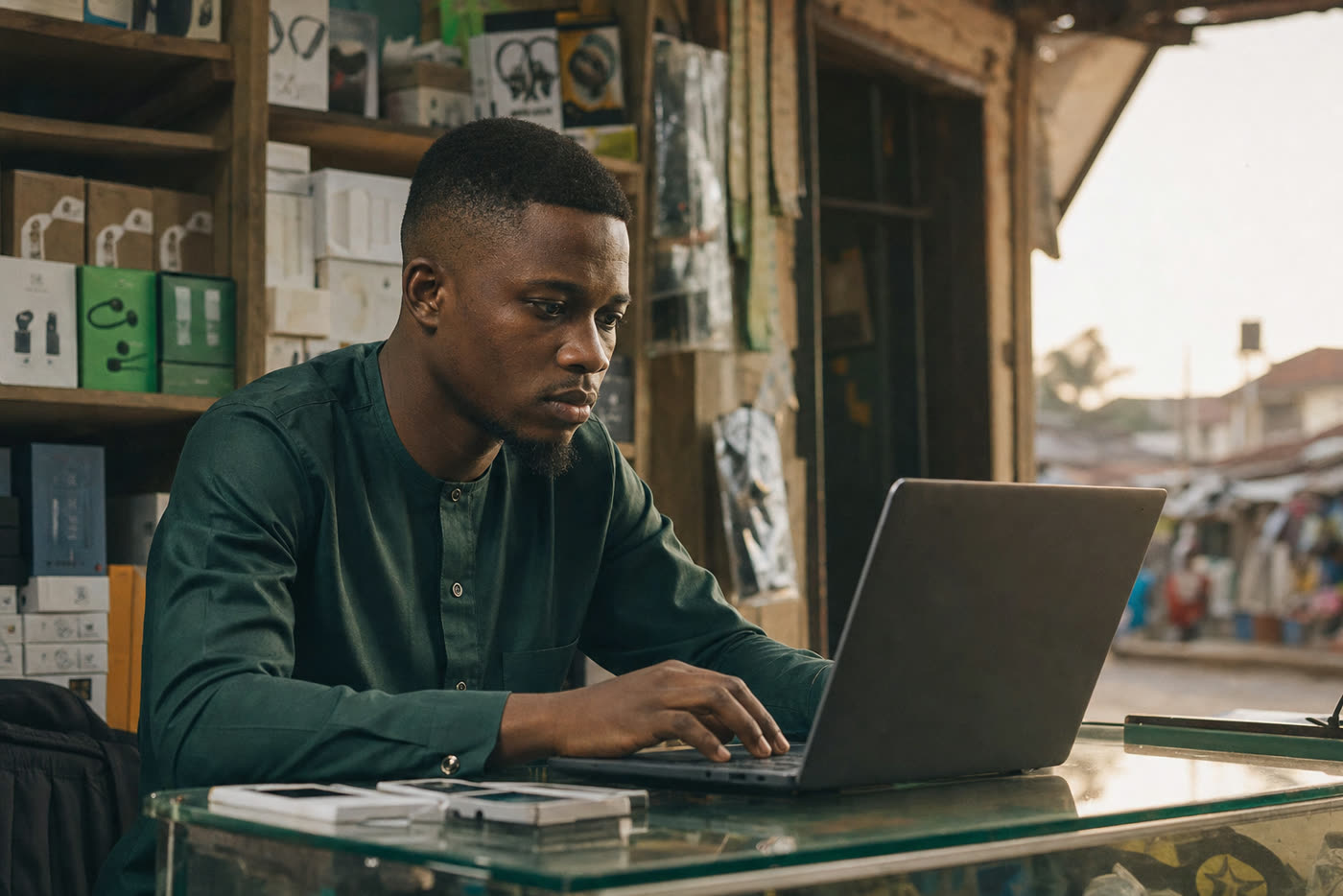 A shop owner in Port Harcourt managing orders on a laptop at his counter